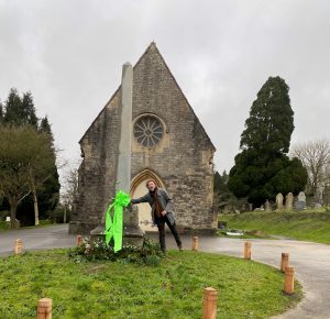 Dan Pearson unveiling an obelisk in front of a chapel